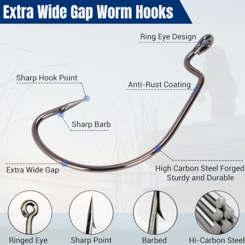 120Pcs Bass Fishing Worm Hooks Set - Offset Wide Gap High Carbon Steel
