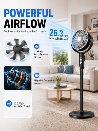 Cordless Rechargeable Pedestal Fan with Remote Control - Black, 12000mAh Battery