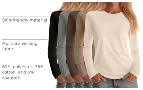 Huukeay Women's Crew Neck Long Sleeve Shirts - 5 Pack, Black Gray Brown Cream Large