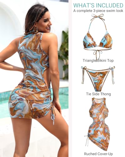 Brown Blue Marble Mesh Coverup Bikini Set - Large - 3 Piece Swimsuit
