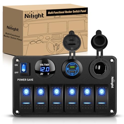 Nilight 6 Gang Rocker Switch Panel with Power Control Blue - 12V/24V