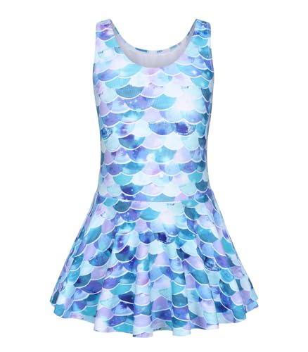 Girls Leopard One Piece Swimsuit with Skirt – Light Blue Mermaid, 12-14 Years