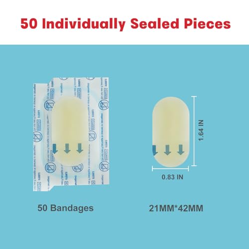 Advanced Fast Healing Hydrocolloid Gel Bandages, Adhesive Wound Care Pads, 0.83 x 1.65 in, 50 Count