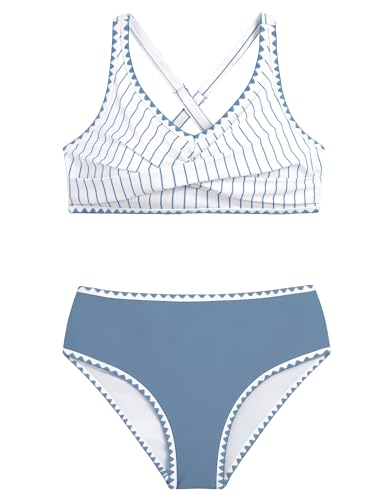 Girls Swimsuit Two-Piece Bikini Set with Crisscross Tie Back - Blue Striped, Size 13-14 Years