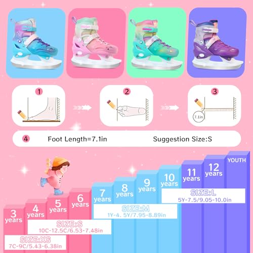 Adjustable Girls Ice Skates for Kids - Pink, Small (US 10C-12.5C) - Beginner Hockey Skating Shoes