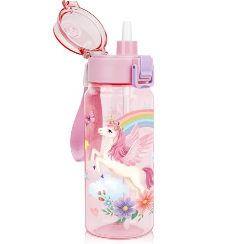 Pink Unicorn Kids Water Bottle 18.6oz BPA-Free Tritan with Handle & Straw
