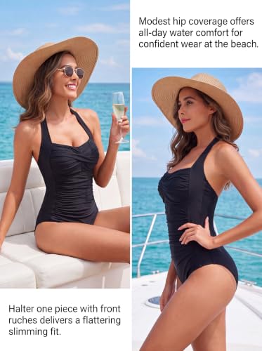 Women’s Tummy Control Halter One-Piece Swimsuit - Vintage Bathing Suit, Large / Black