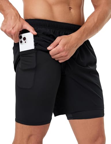 Men's 2-in-1 Athletic Running Shorts - Large Black, Quick Dry Workout Gym Shorts with Pockets & Liner