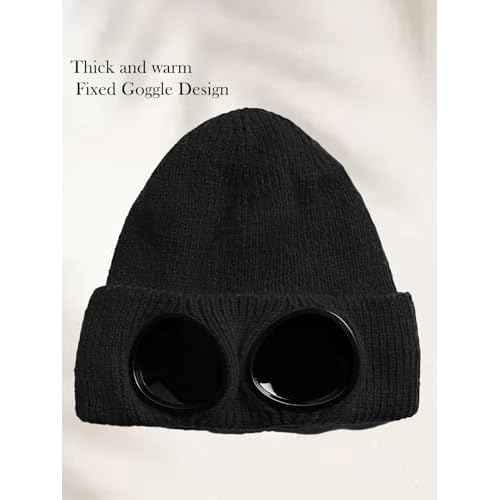 Unisex Winter Beanie with Fixed Goggles, Double-Layer Knit Hat with Soft Fleece Lining, Warm Windproof Skull Cap