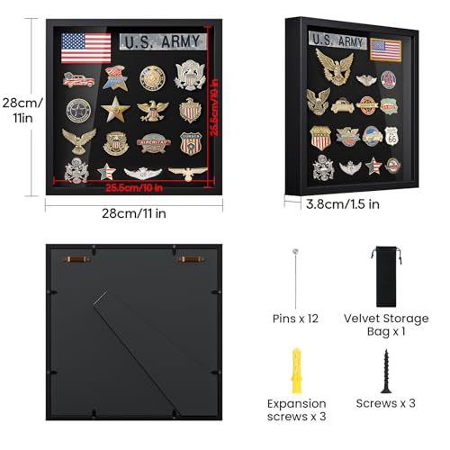 11x11 Shadow Box Pin Display Frame for Badges Medals Black Frame - TJ.MOREE