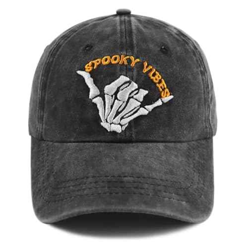 Funny Halloween Spooky Vibes Hats, Adjustable Embroidery Cotton Skeleton Hand Vintage Baseball Cap for Men Women
