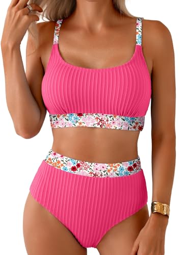 Herseas Women's Textured Floral High-Waisted Bikini Set - Medium Rose