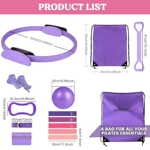 Pilates Ring 13 Piece Set,Pilates Kit for Women Exercise Equipment Accessories Deformation Magic Circle with Padded Handles, Workouts Ball, Guide & Bag, Resistance Bands for Legs Arms and Thighs