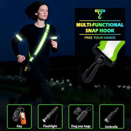 Reflective Walking Gear at Night, High Visibility Safety Reflective Sash Belt and 2-Pack Armband Set, Night Running Safety Gear for Women Men Kids, Green