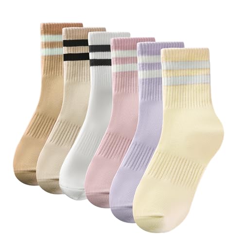 Women's Crew Socks with Cotton Stripes - 6 Pairs, Multiple Colors