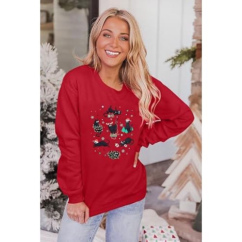 Meowy Christmas Sweatshirt for Women Christmas Cat Pullover Cat Lover Christmas Tops Merry Christmas Lights Sweater
