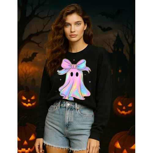 Halloween Sweatshirt Women Spooky Season Cute Black Cat Ghost Sweatshirts Fall Embroidered Pullover Top