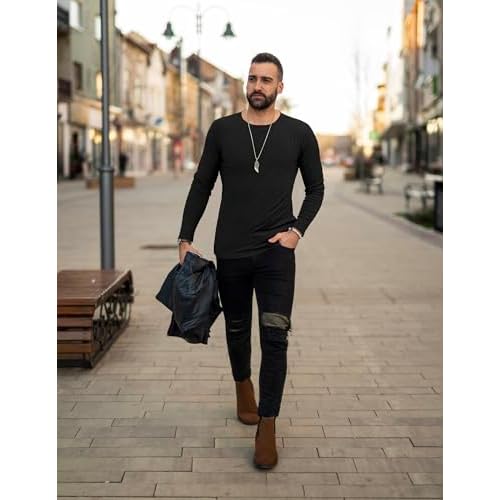 Ekouaer Men's Long Sleeve Shirts Ribbed Pullover Sweater Sim Fit Thermal Tops Crew Neck Stretchy Undershirts