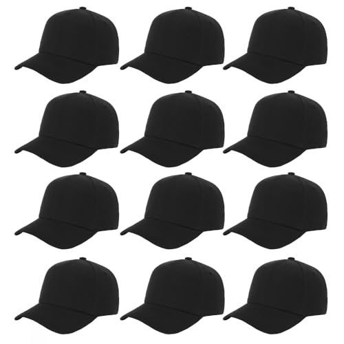 Unisex Adjustable Baseball Cap Set - 12 Black One Size Caps - Plain Design
