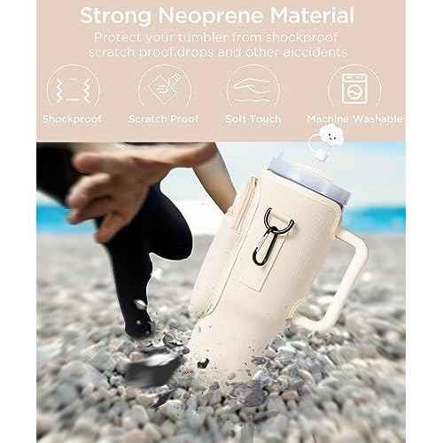 dabria Water Bottle Carrier Bag with Phone Pocket for Stanley 40/30 oz Tumbler Neoprene Water Bottle Holder Pouch with Adjustable Strap Bollus with Straw Cover & Carabiner for Stanley Cup Accessories