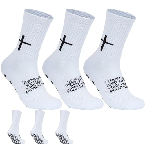 3 Pairs Cross Grip Soccer Socks for US 6-13 - Anti-Slip Christian Socks with Bible Verse