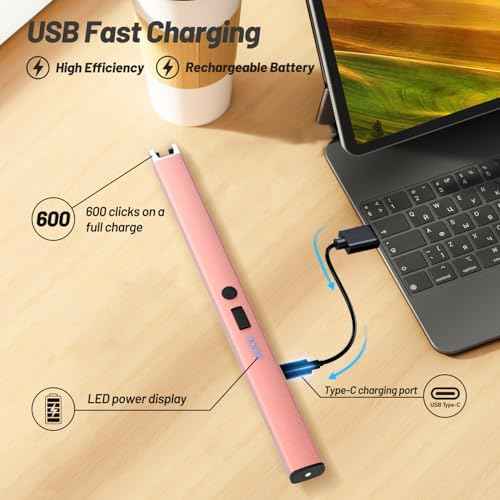 Candle Lighter, Windproof Electric Lighter with Safety Lock, USB Type-C, Rechargeable Lighter with Led Display, lighters for Candle BBQ Camping Festivals (Rose Gold)