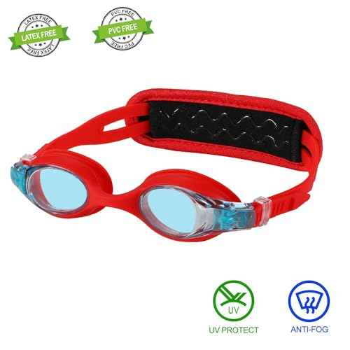 Kid swim goggles Age 3-8,Toddler Goggles No Hair Pull, Children Swimming goggles Fbric Strap