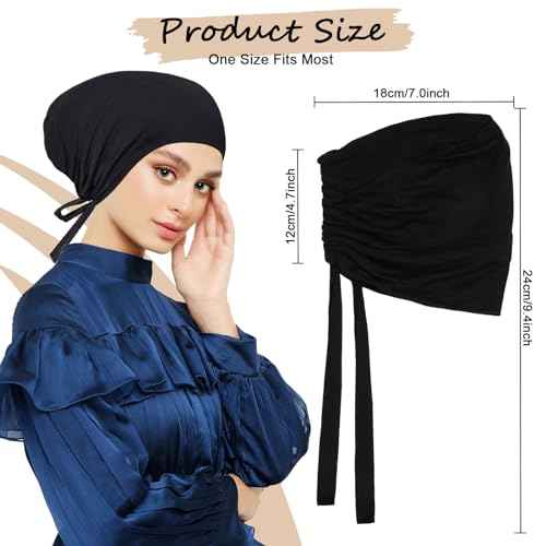 XEPST 2 PCS Hijab Undercap for Women, Satin Undercap for Hijab Islamic Muslim Under Hijabcap Modal Head Wraps Tie Back Bonnet Inner Head Scarf Turbans for Women Chemo Hat Sleep Cap, Black+Khaki