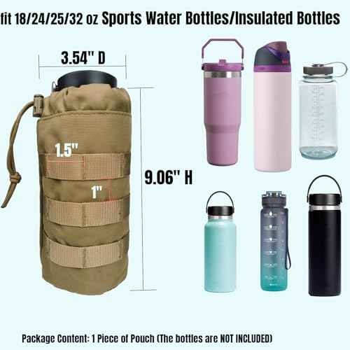 Tactical MOLLE Water Bottle Holder, Upgraded Water Bottle Pouch with Drawstring Open Top & Mesh Bottom, 16/24/25/32oz Water Bottle Carrier Bag with D-Ring Hook for Backpack