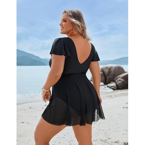 BMJL Women's Plus Size Swimsuit One Piece Tummy Control Bathing Suit Ruffle Sleeve Swim Dress