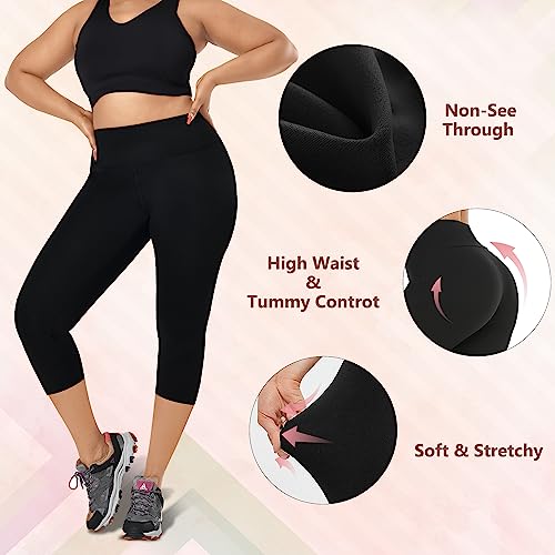 XX-Large 3-Pack Plus Size High Waist Capri Leggings Tummy Control Black White Light Blue