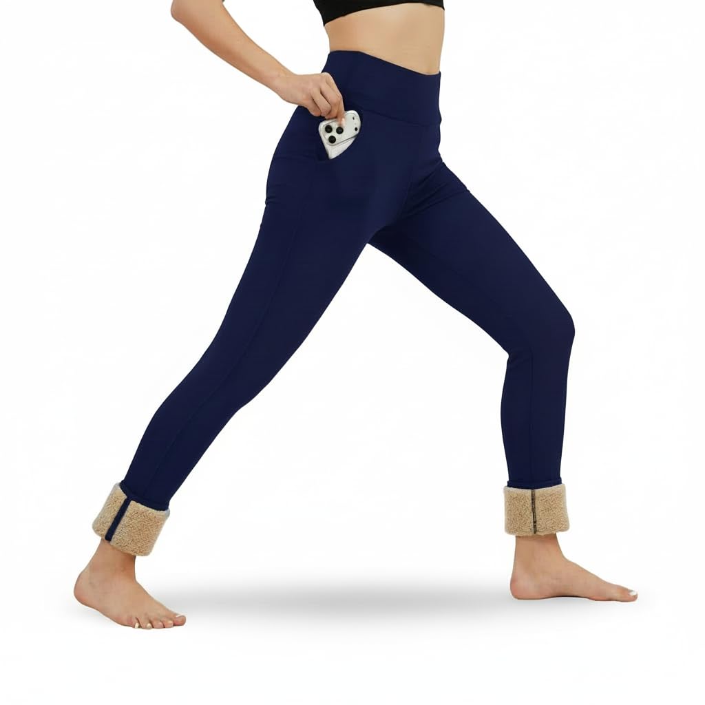 Mincib Women's Fleece Lined Leggings Thermal Warm Winter Leggings High Waisted Tummy Control Jogger Yoga Pants with Pockets(Navy,XL)