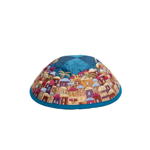 Embroidered Kippah with Jerusalem Design - Multicolor on Blue, 7 inch