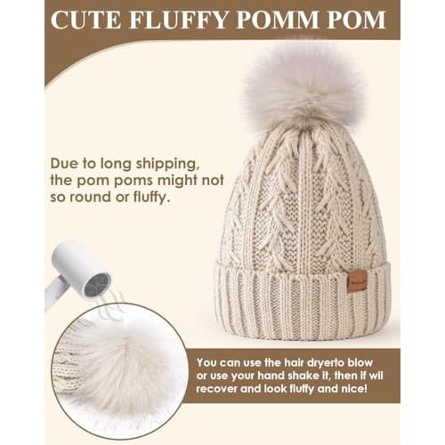 Winuesa Satin Lined Beanie for Women with Pom Pom, Fashionable Womens Winter Hats Silk Beanies, Cute Warm Knit Hat Skull Cap