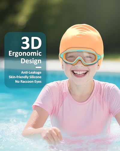 Kids Swim Goggles Anti-Fog UV Protection Wide View with Swim Cap - Yellow & Green