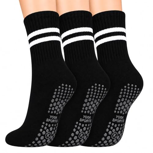 KONY Women's Cotton Pilates Grip Socks - Yoga & Barre Crew Socks, Black, 3 Pairs