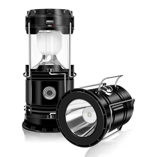 DIBMS 2-Pack Solar Camping Lantern & Emergency Flashlight - Black, Collapsible & Rechargeable