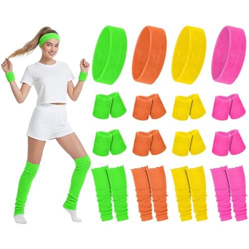 Hillban 4 Set 80s Leg Warmer Workout Set Women Men Neon Headband Rainbow Wristband Outfit Halloween 80s 90s Accessories