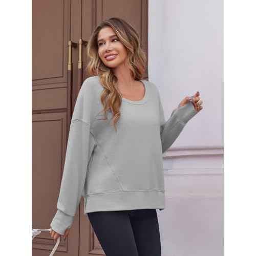Fisoew Womens Casual Crewneck Sweatshirt Waffle Knit Long Sleeve Side Slit Loose Fit Fall Shirts Tops