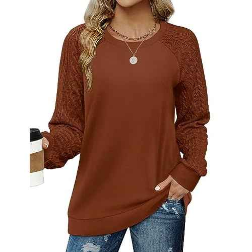 Saloogoe Sweatshirts for Women Crewneck Cable Knit Sleeve Sweaters Lightweight Fashion 2025