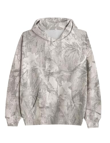 Oversized Camo Hoodie for Men Women X-Large Tan Fleece Maple Leaf Graphic Pullover with Pocket