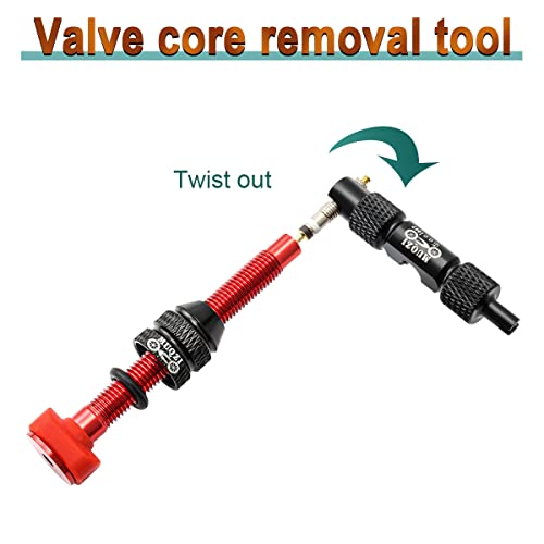 Tubeless Valve Kit with Presta Stems 40mm Red No Leak Alloy Caps & Core Remover