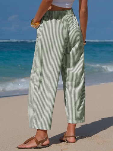 Women's Faux Linen Striped Barrel Capri Pants with Drawstring - Medium Grey Green