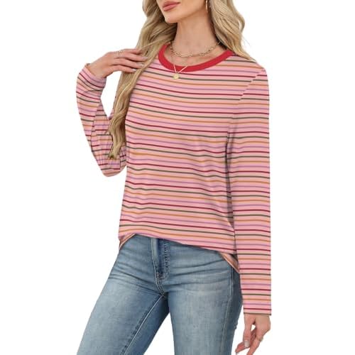 WIHOLL Womens Striped Long Sleeve Shirts Fall Outfits 2025 Color Block Tops Fashion Clothing Ribbed Crewneck Tee Blouses