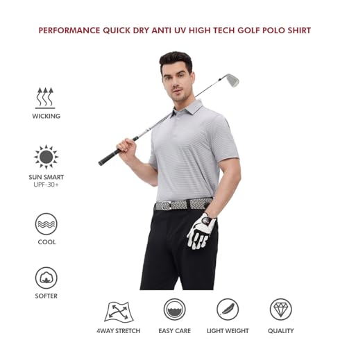 Men's Short Sleeve Striped Golf Polo Shirt - Moisture-Wicking, Dry Fit, Large Grey White Stripe