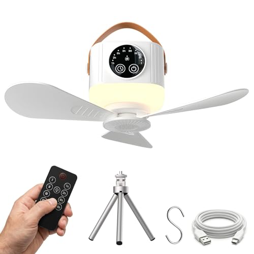 Portable Camping Ceiling Fan with Light Remote 9.25 inch Rechargeable Tent Fan