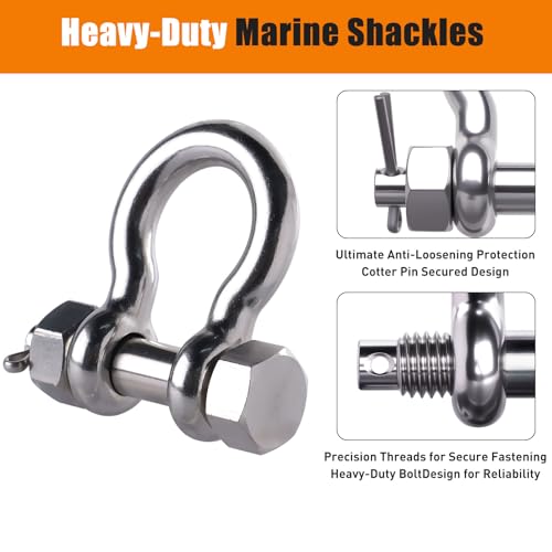 Silver Bow Shackle with Cotter Pin - 5/16 inch Marine-Grade Stainless Steel