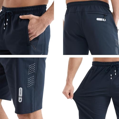 Men's Athletic Shorts with Zipper Pockets - Casual Gym Workout Running Sweat Cotton, Blue, X-Large