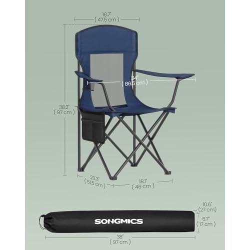 SONGMICS Breathable Camping Chairs, Foldable Outdoor Chairs Set of 2, High Back, Adjustable Armrests, Drink Holder, Weight Capacity 330 lb, for Sports Garden Backyard, Harbor Blue UGCB028Q01
