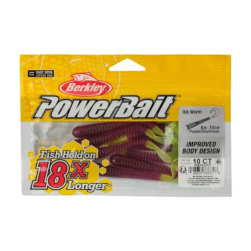 Berkley PowerBait Rib Worm Fishing Bait, Purple/Chartreuse, 4in, Irresistible Scent and Flavor, Ideal for Walleye, Bass, Panfish and More